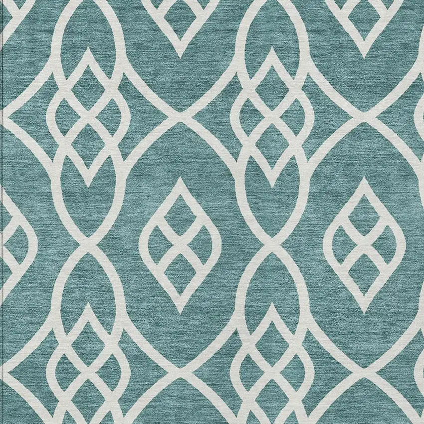 Teal Blue And Ivory Trellis Washable Indoor Outdoor Area Rug Photo 6