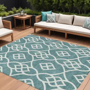 Photo of Teal Blue And Ivory Trellis Washable Indoor Outdoor Area Rug