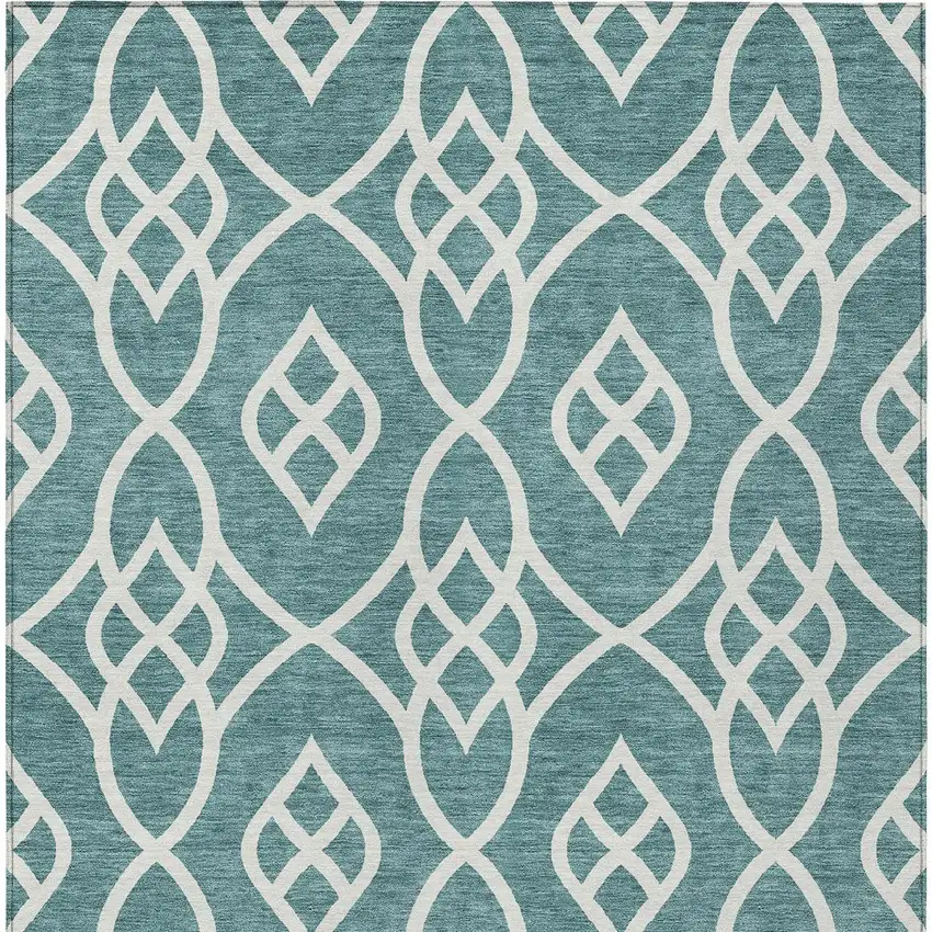 Teal Blue And Ivory Trellis Washable Indoor Outdoor Area Rug Photo 7