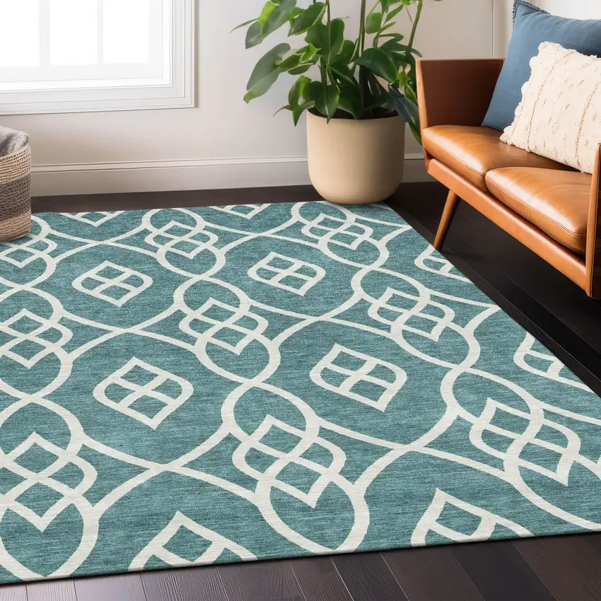 Teal Blue And Ivory Trellis Washable Indoor Outdoor Area Rug Photo 9