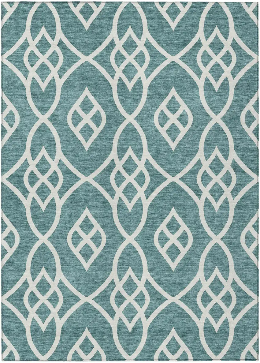 Teal Blue And Ivory Trellis Washable Indoor Outdoor Area Rug Photo 2