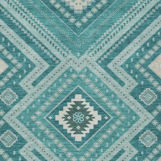 Teal Blue And Ivory Tribal Washable Indoor Outdoor Area Rug Photo 6