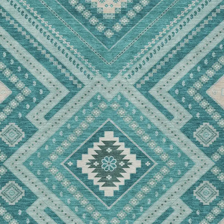 Teal Blue And Ivory Tribal Washable Indoor Outdoor Area Rug Photo 6
