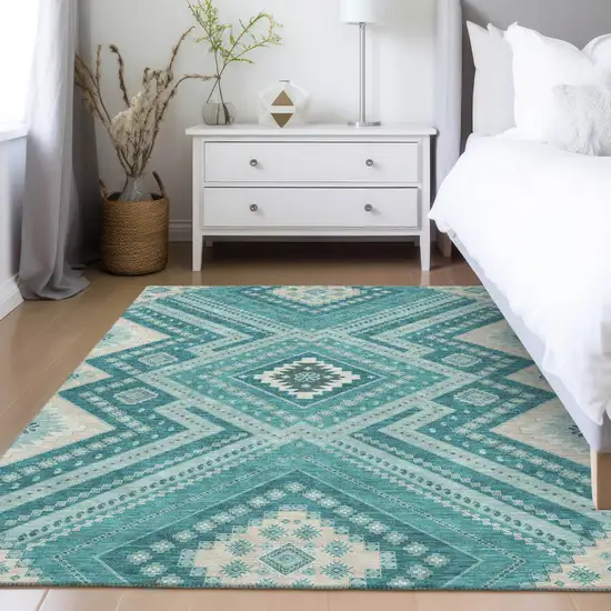 Teal Blue And Ivory Tribal Washable Indoor Outdoor Area Rug Photo 9