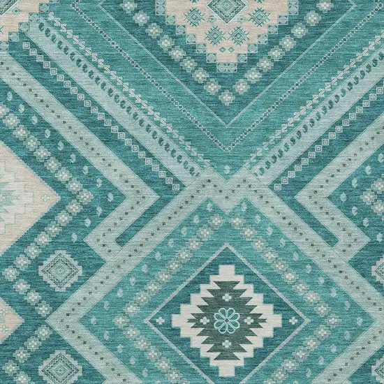 Teal Blue And Ivory Tribal Washable Indoor Outdoor Area Rug Photo 6