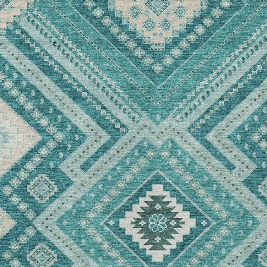 Teal Blue And Ivory Tribal Washable Indoor Outdoor Area Rug Photo 6