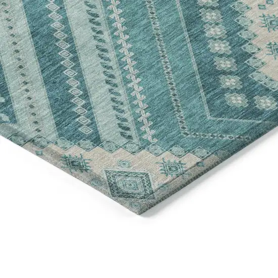 Teal Blue And Ivory Tribal Washable Indoor Outdoor Area Rug Photo 4