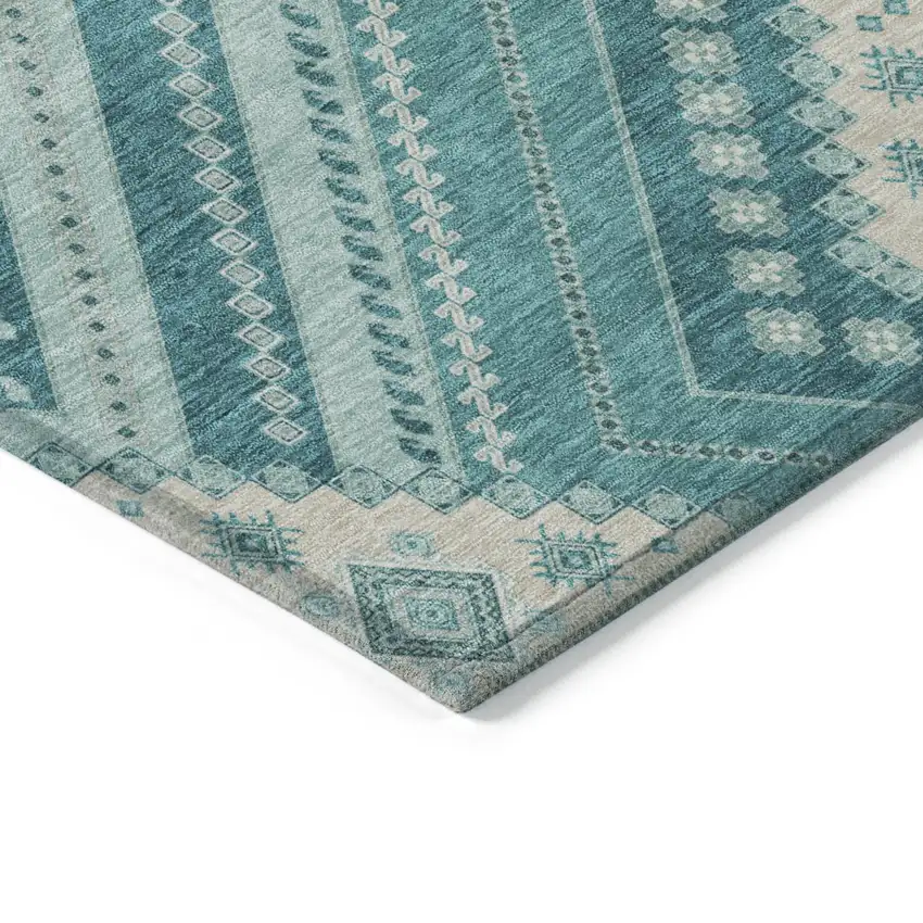 Teal Blue And Ivory Tribal Washable Indoor Outdoor Area Rug Photo 4