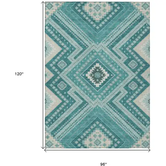 Teal Blue And Ivory Tribal Washable Indoor Outdoor Area Rug Photo 3