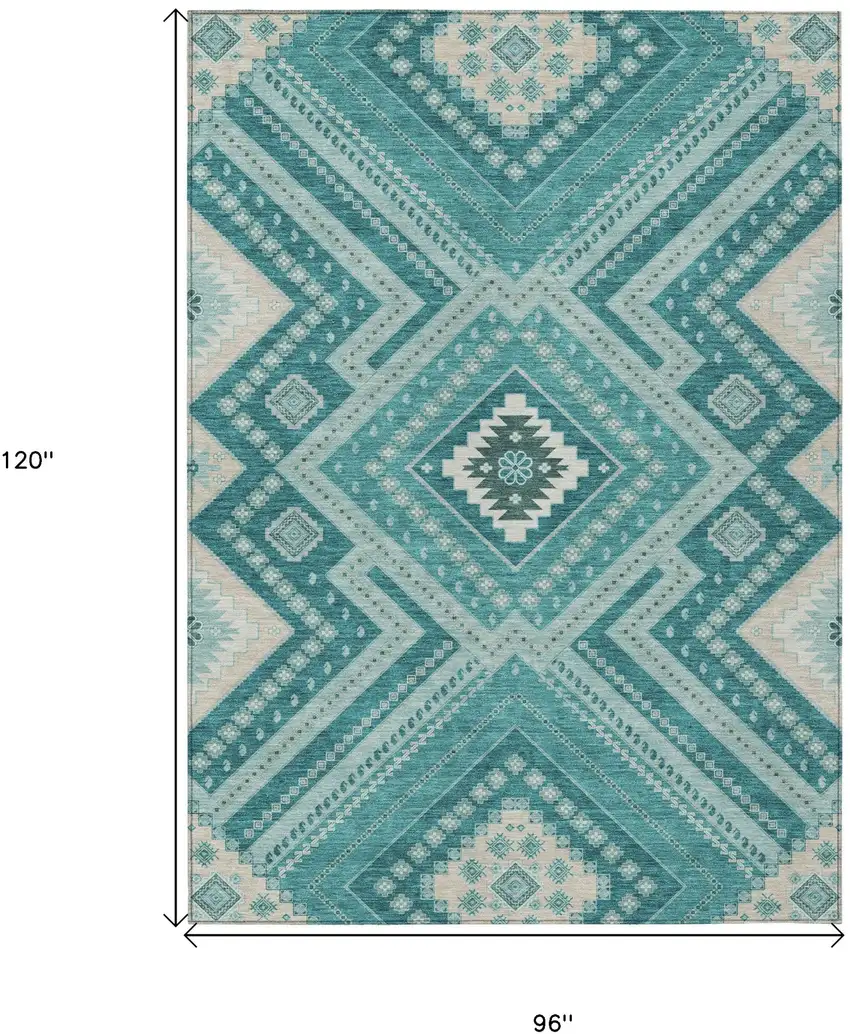 Teal Blue And Ivory Tribal Washable Indoor Outdoor Area Rug Photo 3