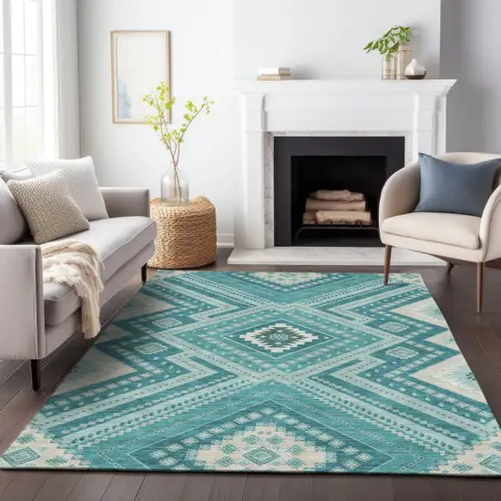 Teal Blue And Ivory Tribal Washable Indoor Outdoor Area Rug Photo 9