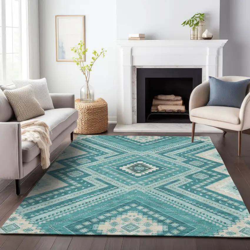 Teal Blue And Ivory Tribal Washable Indoor Outdoor Area Rug Photo 9