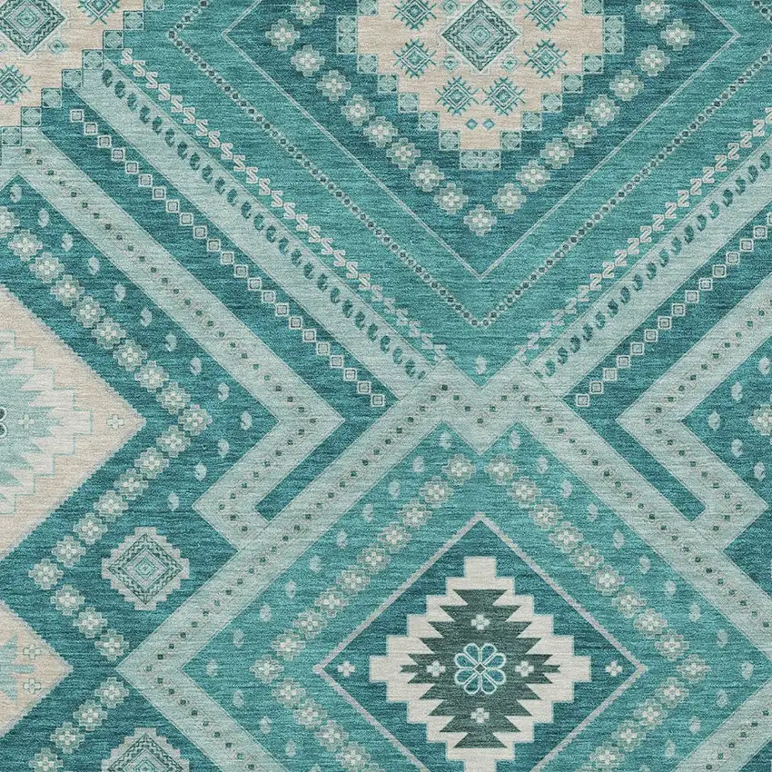 Teal Blue And Ivory Tribal Washable Indoor Outdoor Area Rug Photo 6