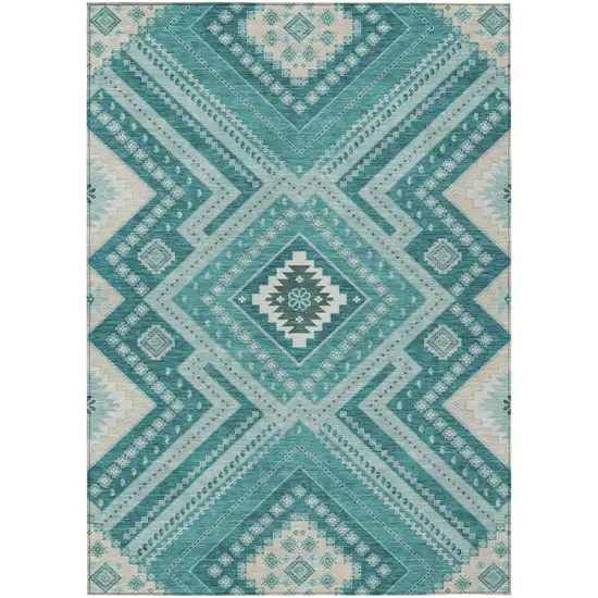 Teal Blue And Ivory Tribal Washable Indoor Outdoor Area Rug Photo 2