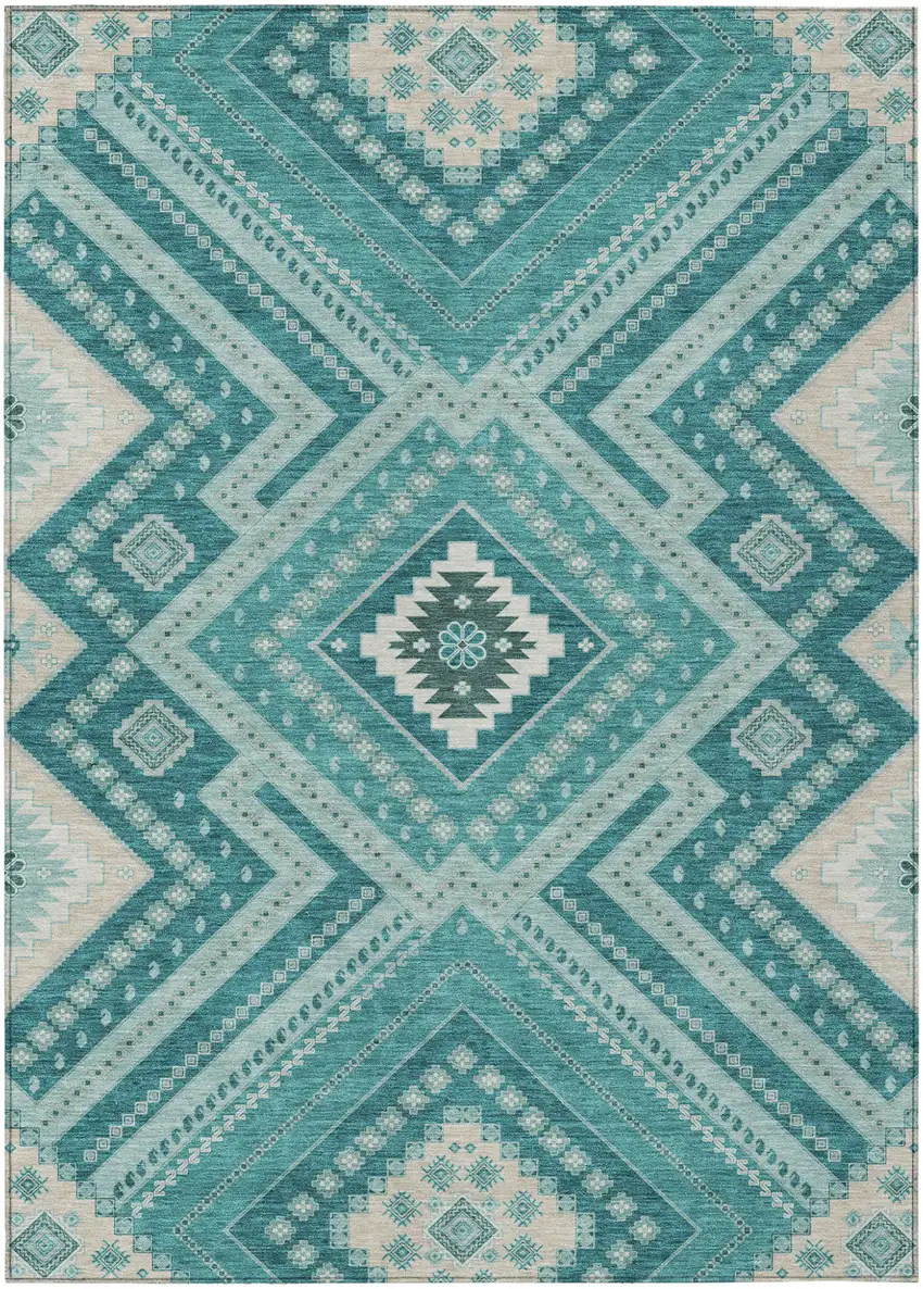 Teal Blue And Ivory Tribal Washable Indoor Outdoor Area Rug Photo 2