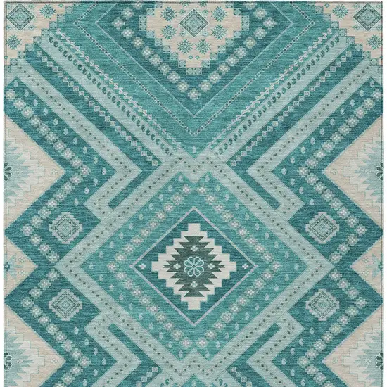 Teal Blue And Ivory Tribal Washable Indoor Outdoor Area Rug Photo 7
