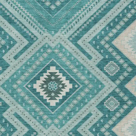 Teal Blue And Ivory Tribal Washable Indoor Outdoor Area Rug Photo 6