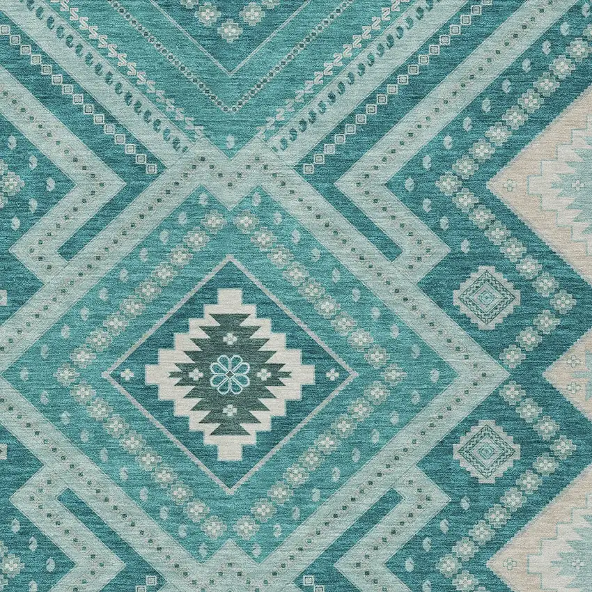 Teal Blue And Ivory Tribal Washable Indoor Outdoor Area Rug Photo 6
