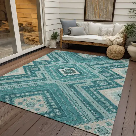 Teal Blue And Ivory Tribal Washable Indoor Outdoor Area Rug Photo 8