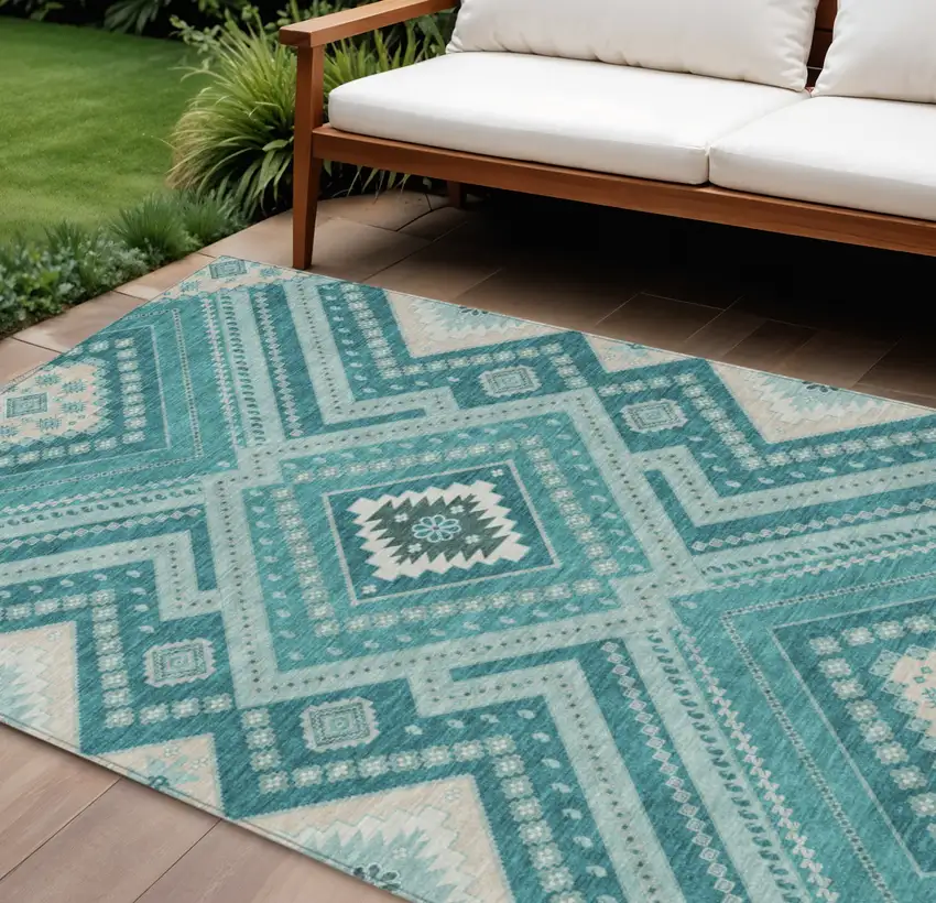Teal Blue And Ivory Tribal Washable Indoor Outdoor Area Rug Photo 1