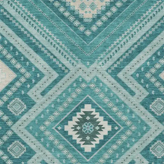 Teal Blue And Ivory Tribal Washable Indoor Outdoor Area Rug Photo 6