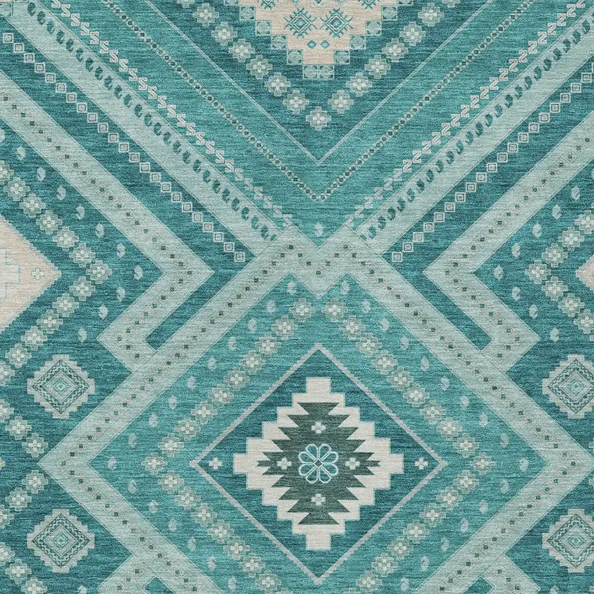 Teal Blue And Ivory Tribal Washable Indoor Outdoor Area Rug Photo 6
