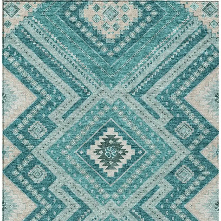 Teal Blue And Ivory Tribal Washable Indoor Outdoor Area Rug Photo 7