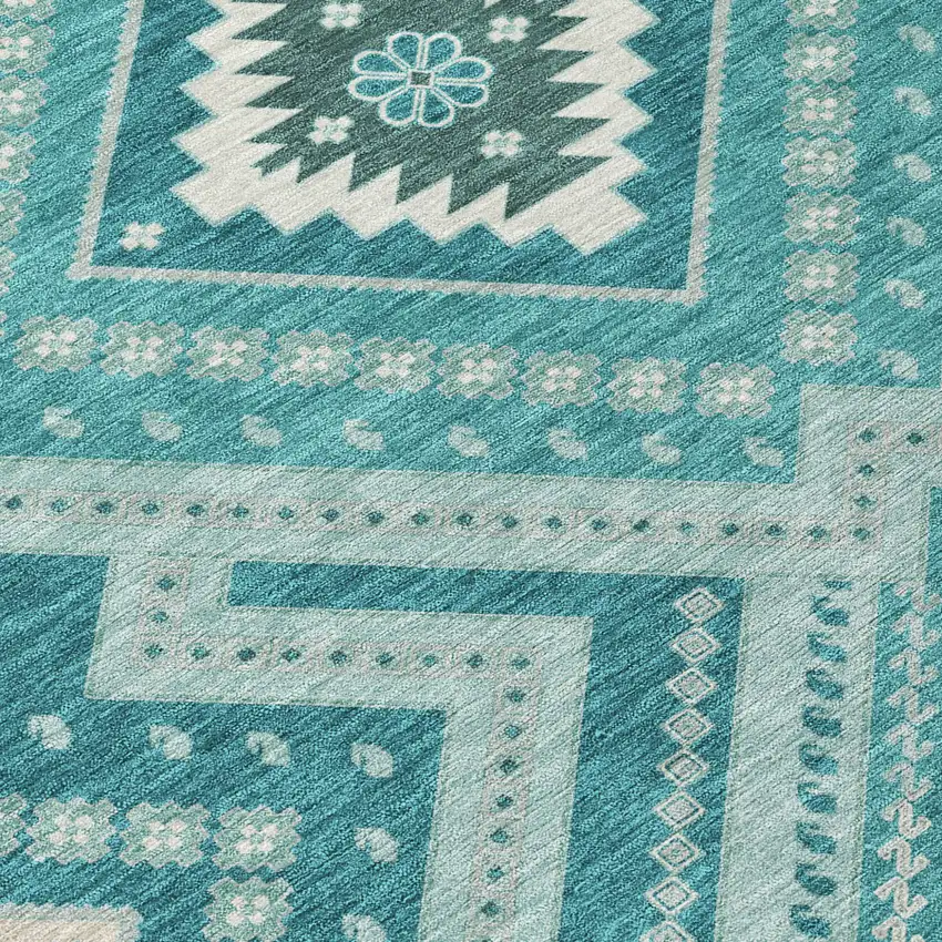 Teal Blue And Ivory Tribal Washable Indoor Outdoor Area Rug Photo 5