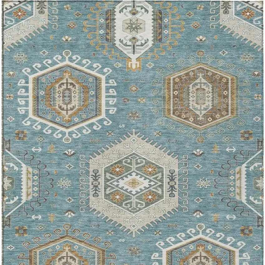 Teal Blue And Ivory Tribal Washable Indoor Outdoor Area Rug Photo 3