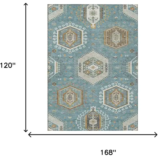 Teal Blue And Ivory Tribal Washable Indoor Outdoor Area Rug Photo 5