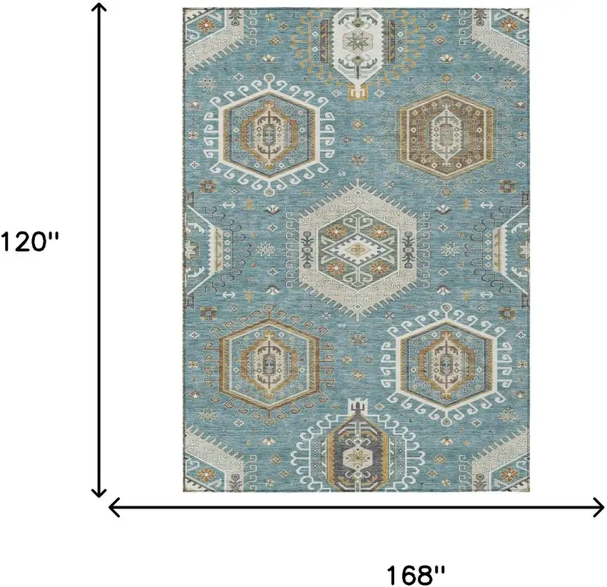 Teal Blue And Ivory Tribal Washable Indoor Outdoor Area Rug Photo 5