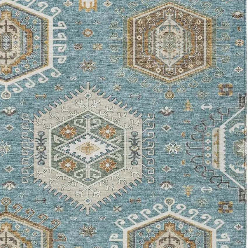 Teal Blue And Ivory Tribal Washable Indoor Outdoor Area Rug Photo 2