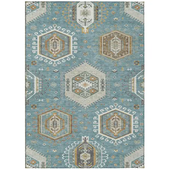 Teal Blue And Ivory Tribal Washable Indoor Outdoor Area Rug Photo 1