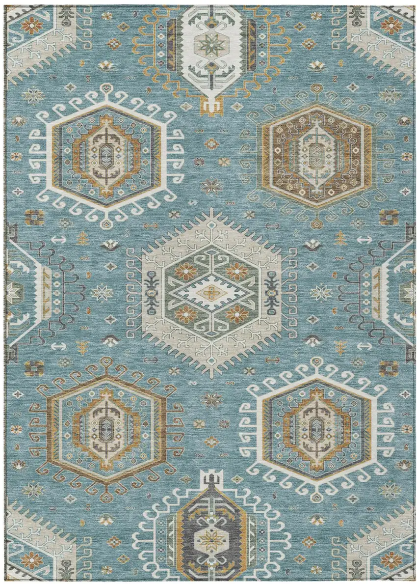 Teal Blue And Ivory Tribal Washable Indoor Outdoor Area Rug Photo 1