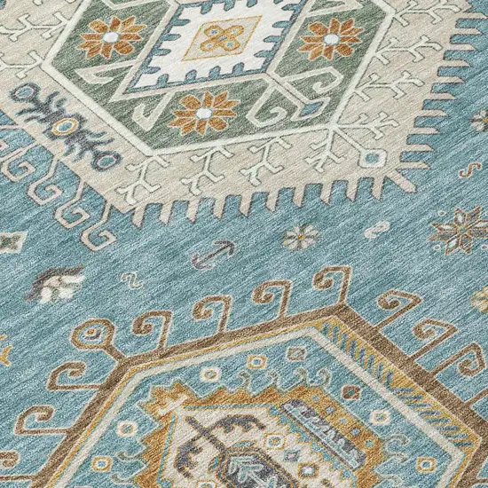 Teal Blue And Ivory Tribal Washable Indoor Outdoor Area Rug Photo 4