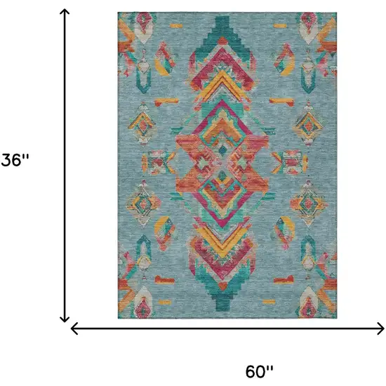 Teal Blue And Ivory Tribal Washable Indoor Outdoor Area Rug Photo 9