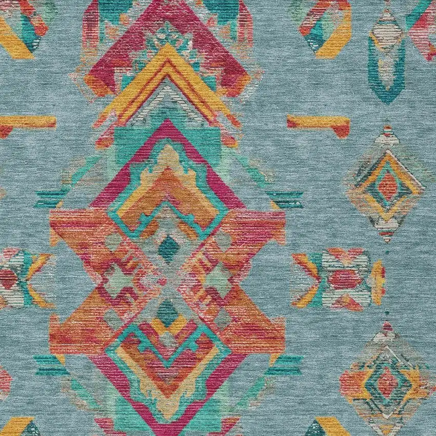 Teal Blue And Ivory Tribal Washable Indoor Outdoor Area Rug Photo 3