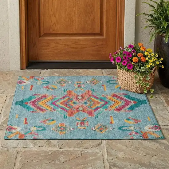 Teal Blue And Ivory Tribal Washable Indoor Outdoor Area Rug Photo 1