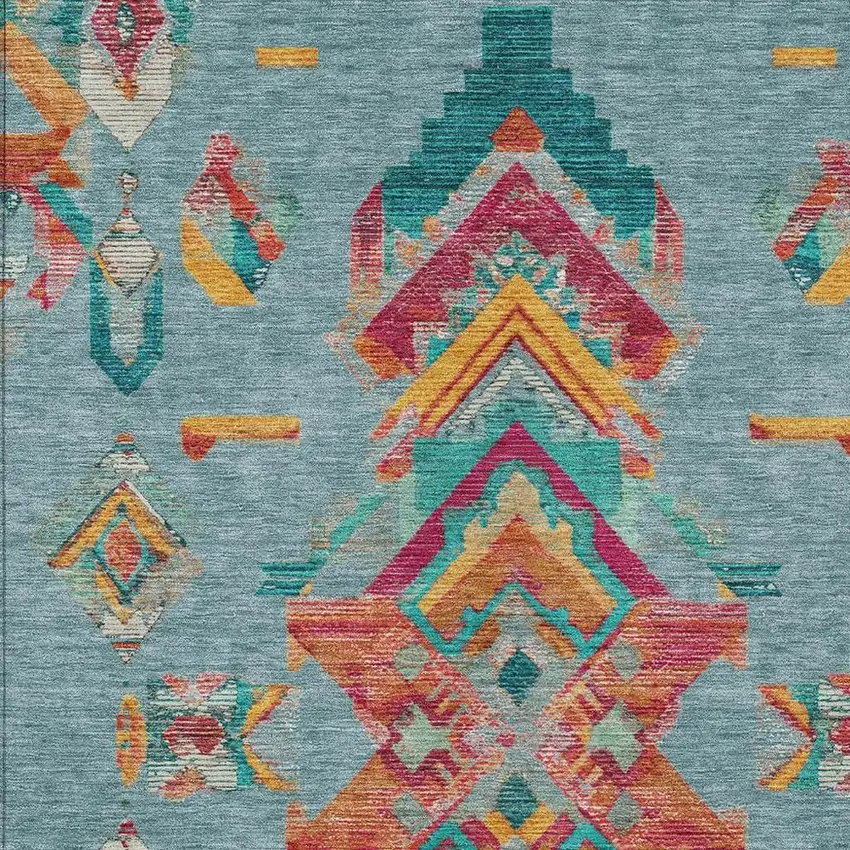Teal Blue And Ivory Tribal Washable Indoor Outdoor Area Rug Photo 5