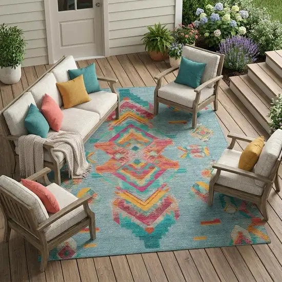 Teal Blue And Ivory Tribal Washable Indoor Outdoor Area Rug Photo 1