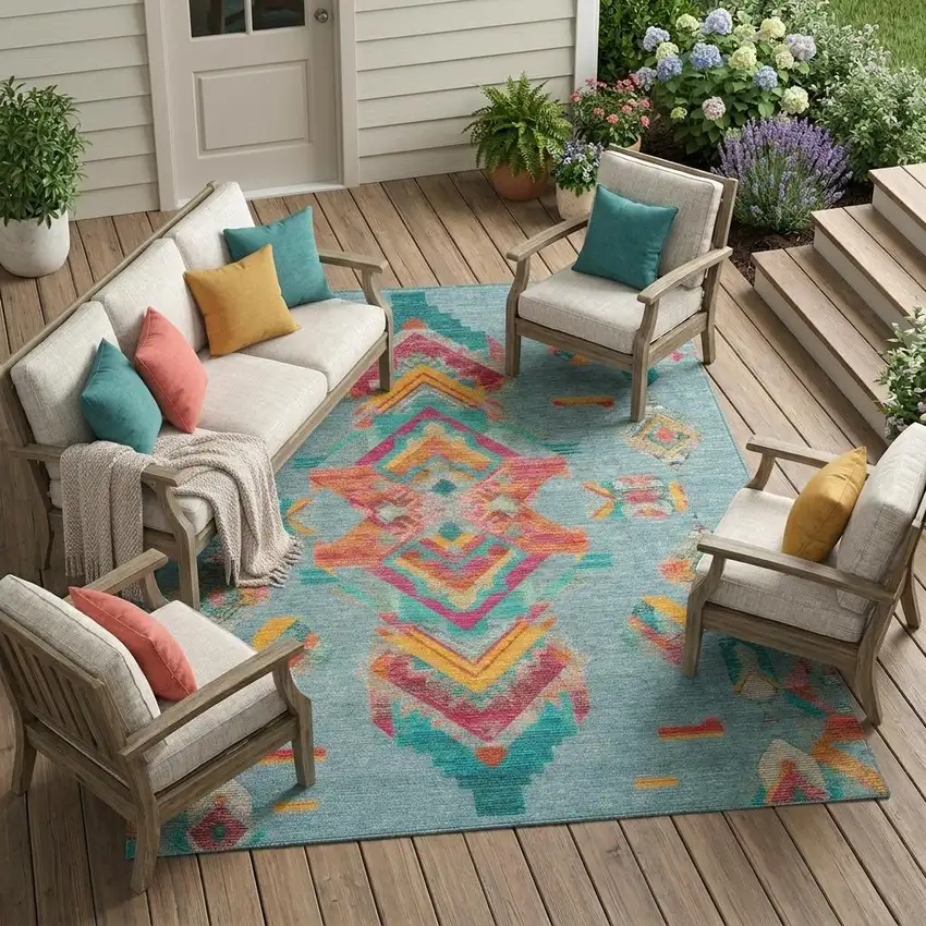 Teal Blue And Ivory Tribal Washable Indoor Outdoor Area Rug Photo 1