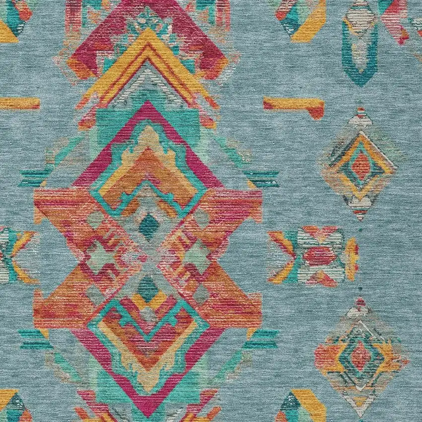 Teal Blue And Ivory Tribal Washable Indoor Outdoor Area Rug Photo 5