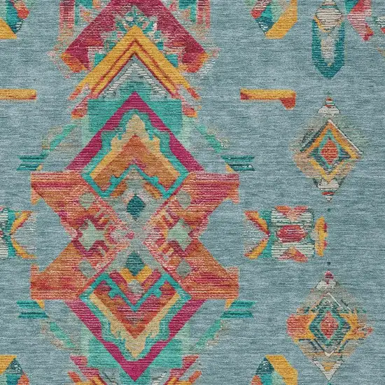 Teal Blue And Ivory Tribal Washable Indoor Outdoor Area Rug Photo 5
