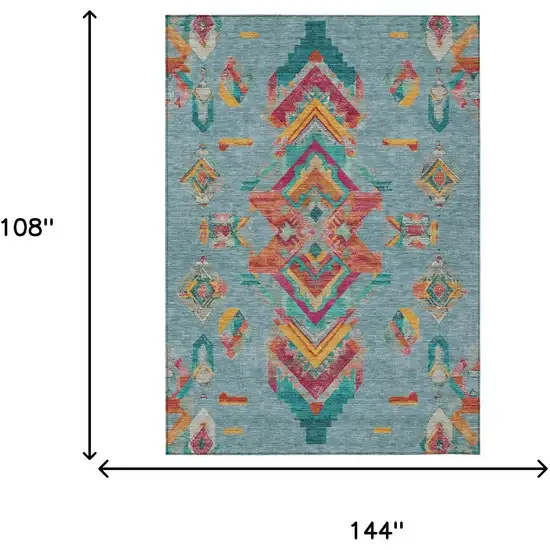Teal Blue And Ivory Tribal Washable Indoor Outdoor Area Rug Photo 9