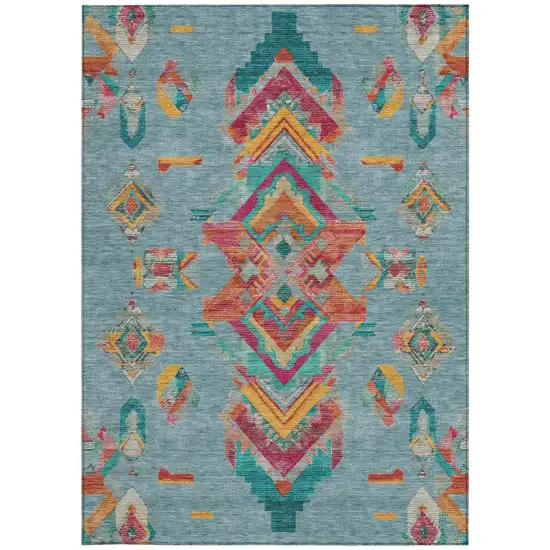 Teal Blue And Ivory Tribal Washable Indoor Outdoor Area Rug Photo 4