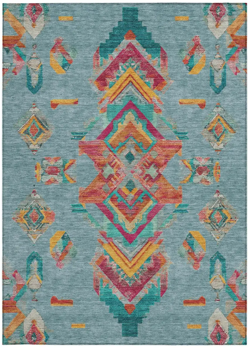 Teal Blue And Ivory Tribal Washable Indoor Outdoor Area Rug Photo 4