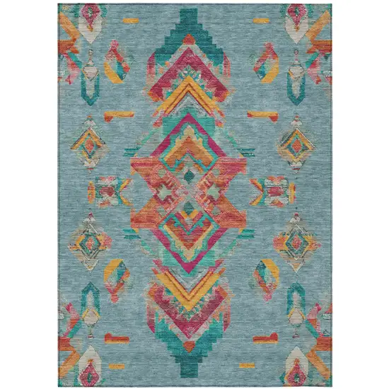 Teal Blue And Ivory Tribal Washable Indoor Outdoor Area Rug Photo 2