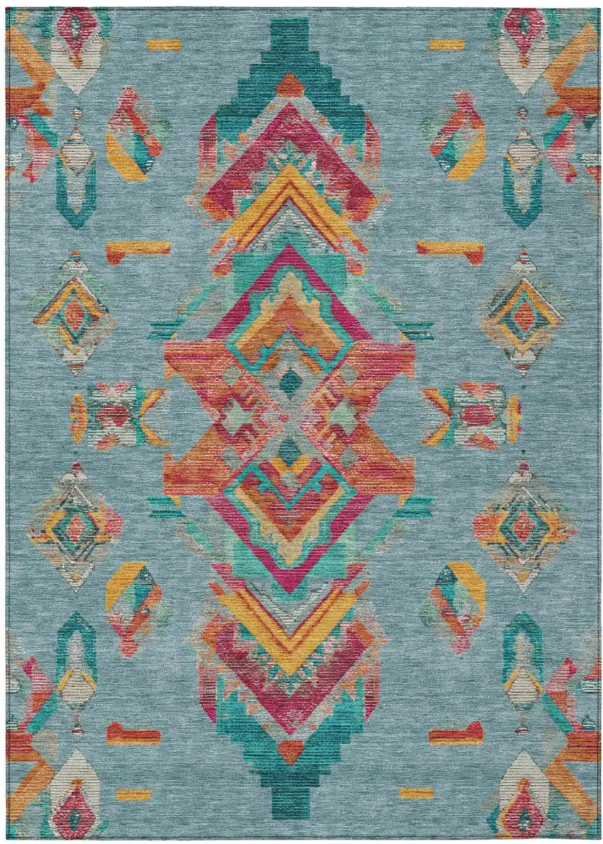 Teal Blue And Ivory Tribal Washable Indoor Outdoor Area Rug Photo 2