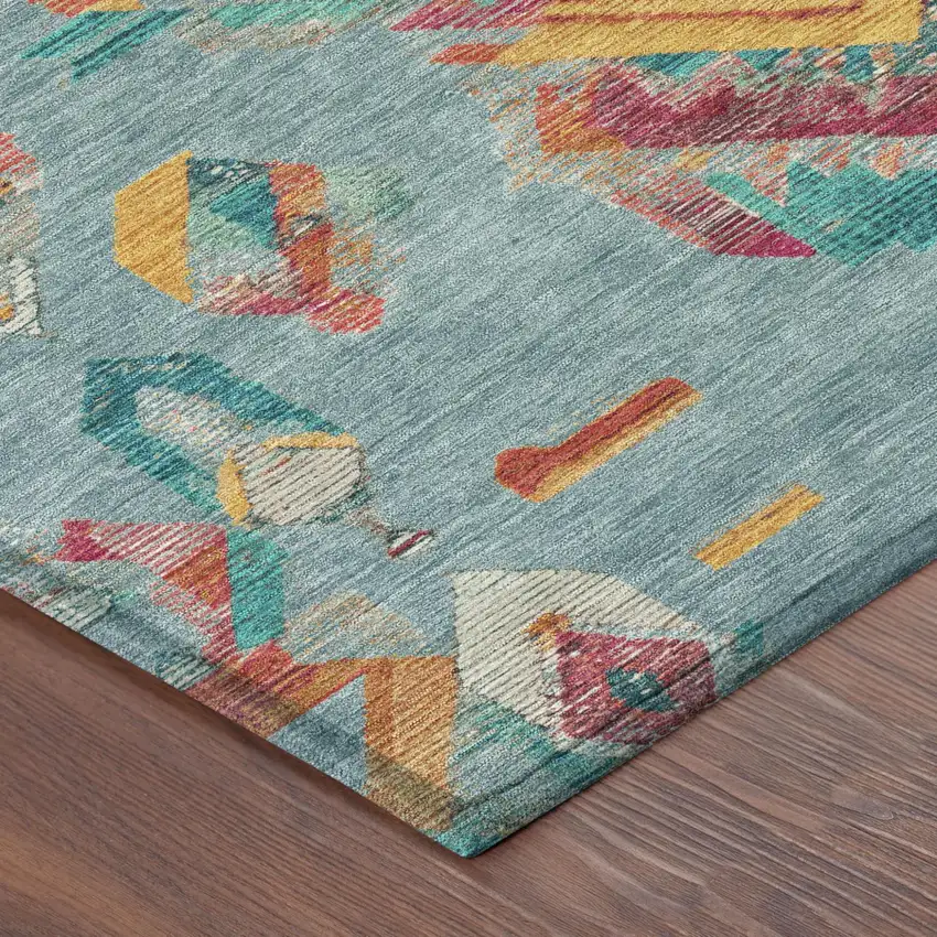 Teal Blue And Ivory Tribal Washable Indoor Outdoor Area Rug Photo 7