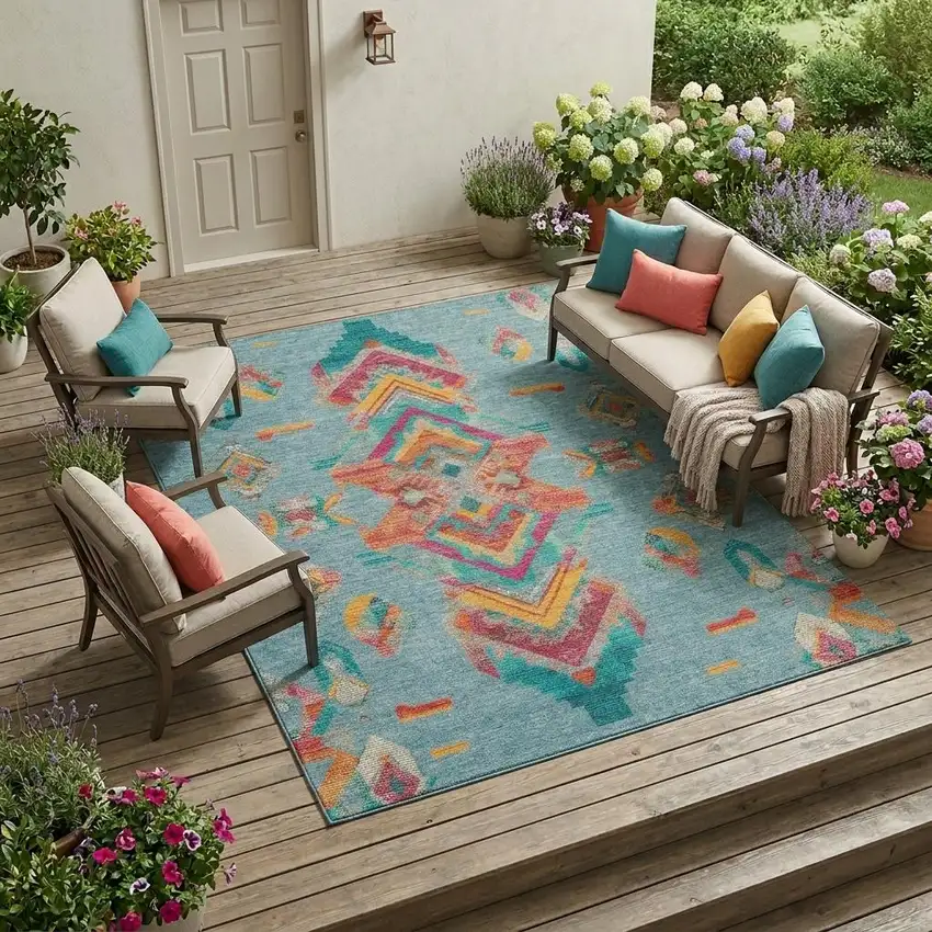 Teal Blue And Ivory Tribal Washable Indoor Outdoor Area Rug Photo 1